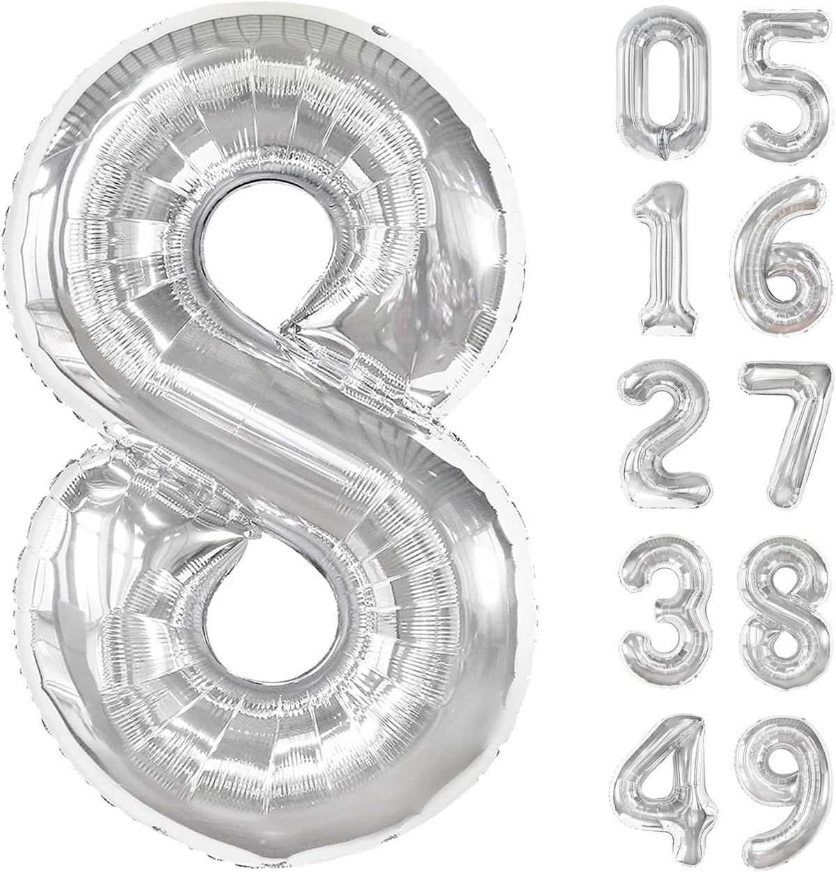 Silver Foil Number 8 Balloon 40 Inch, Helium Mylar Eight Number 8 18 28 38 48 58 80 88 Birthday