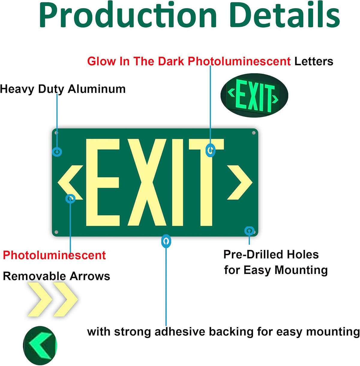(2Pack) Photoluminescent Exit Sign, Glow In The Dark Aluminum Exit Sign Green - Adhesive Backing