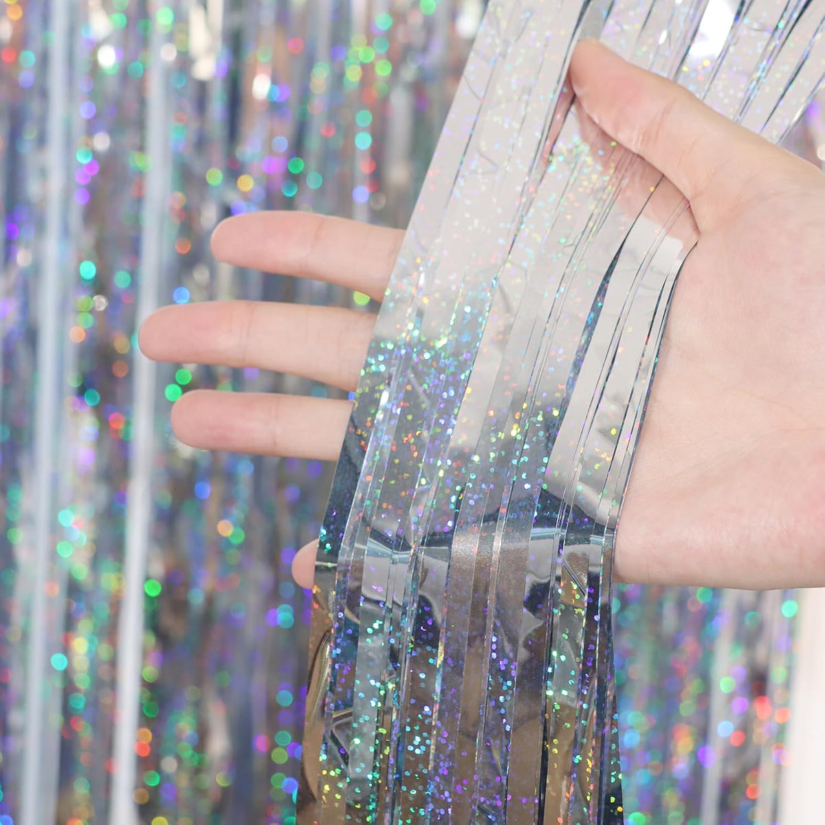 2 Pack Laser Silver Tinsel Foil Fringe Curtains, Silver Party Decorations, Metallic Tinsel Party