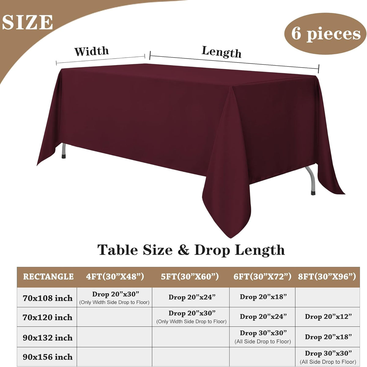 Fitable Burgundy Rectangle Tablecloths for 6 Foot Tables, 6 Pack - 70 x 108 Inches - Stain