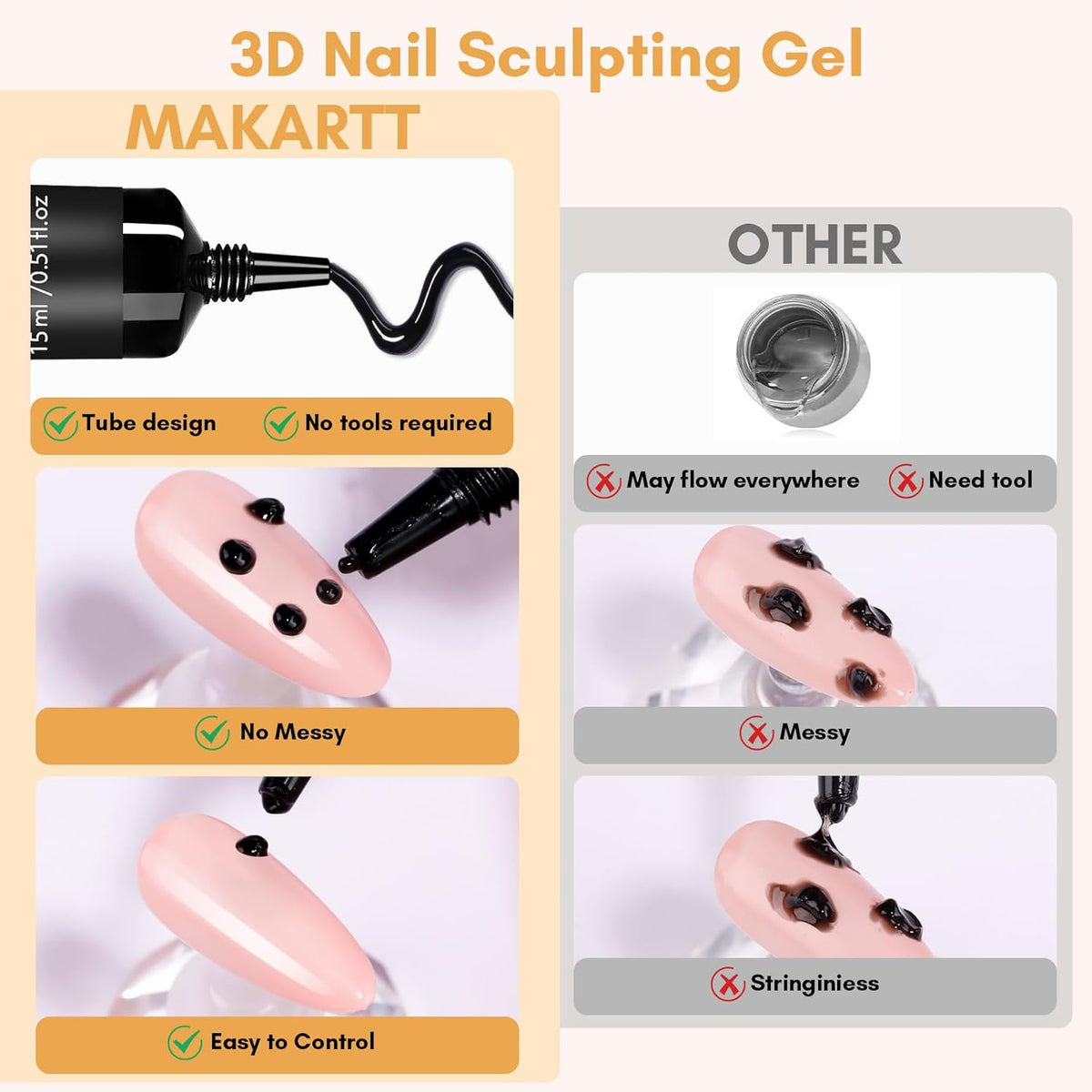 Makartt 3D Gel Nail Art: White and Black Sculpting Candy Molding Gel No Wipe Craving Embossed Gel