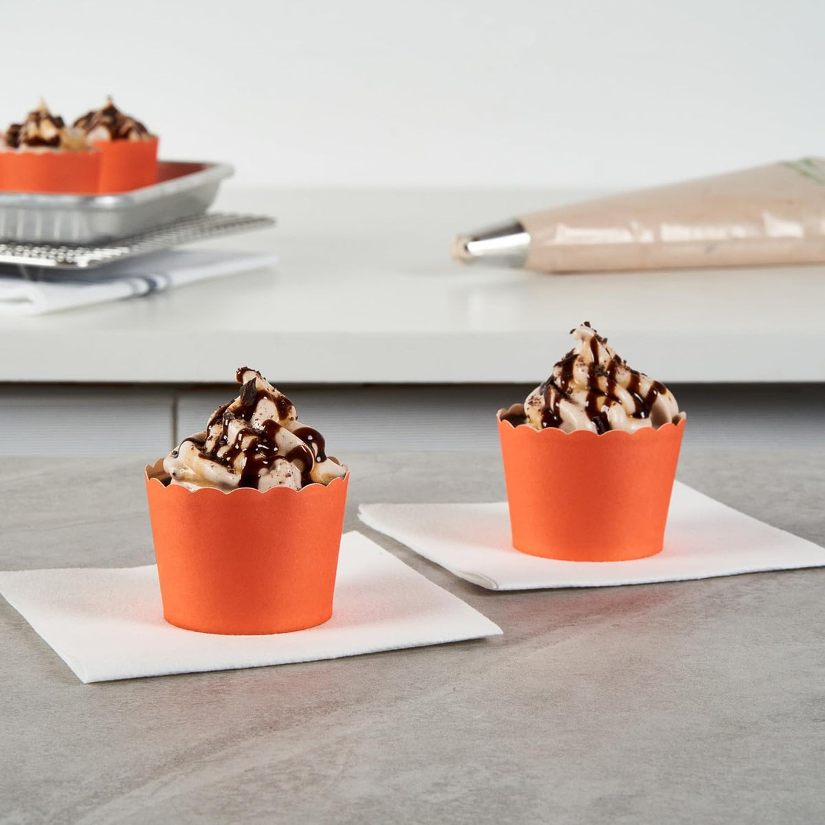 Panificio 3 Ounce Cupcake Wrappers, 200 Scalloped Baking Cups - Oven-Ready, Greaseproof, Orange
