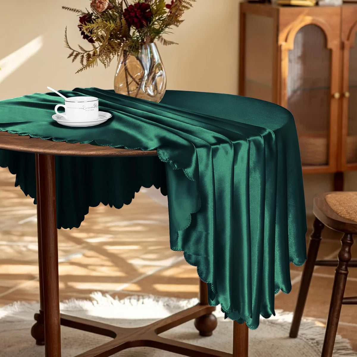 KKJIAF 1 Pack Round Table Cloths 90 Inch, Hunter Green Overlay Round Satin Table Cover, Silky Satin