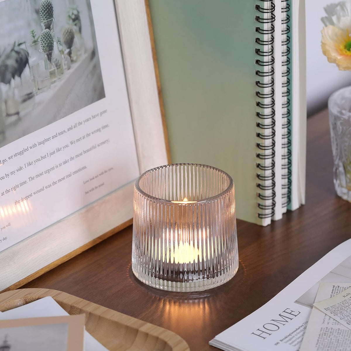DARJEN Clear Ribbed Tealight Votive Candle Holders Set of 10- Tea Light Candle Holder Glass for