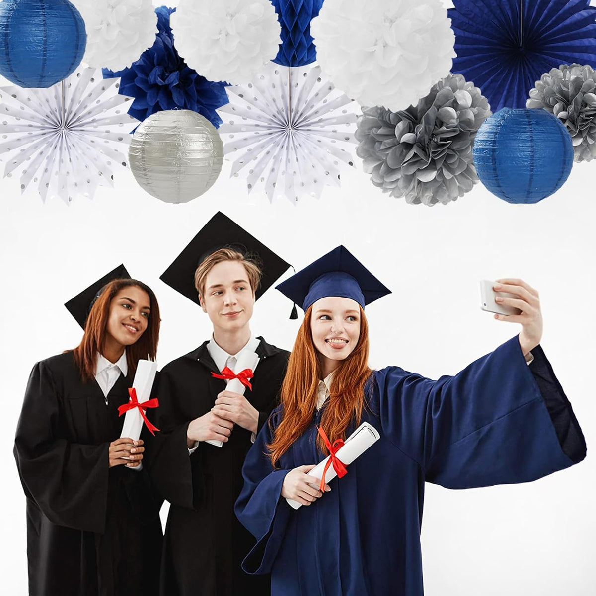 Navy-Blue White Silver Party-Decorations - 20pcs Graduation Paper Lanterns Fans,Tissue Pom