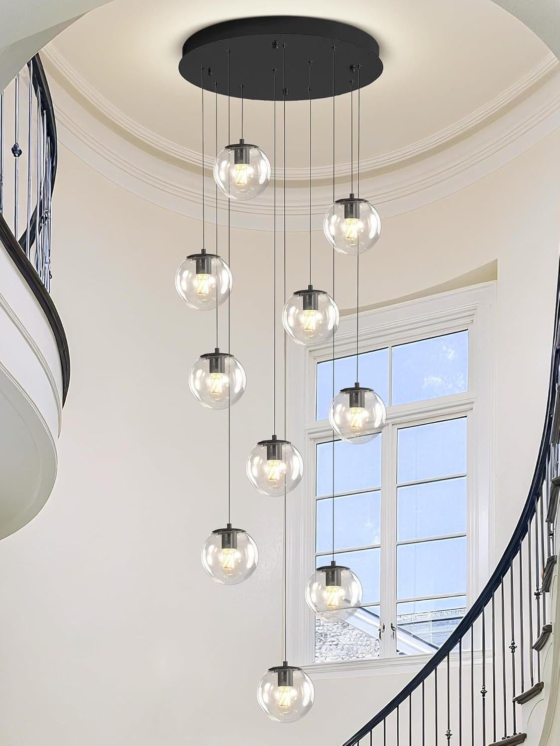 Modern Globe Chandelier H118 Staircase Chandelier for Entryway 12-Lights Glass Globe Pendant Light