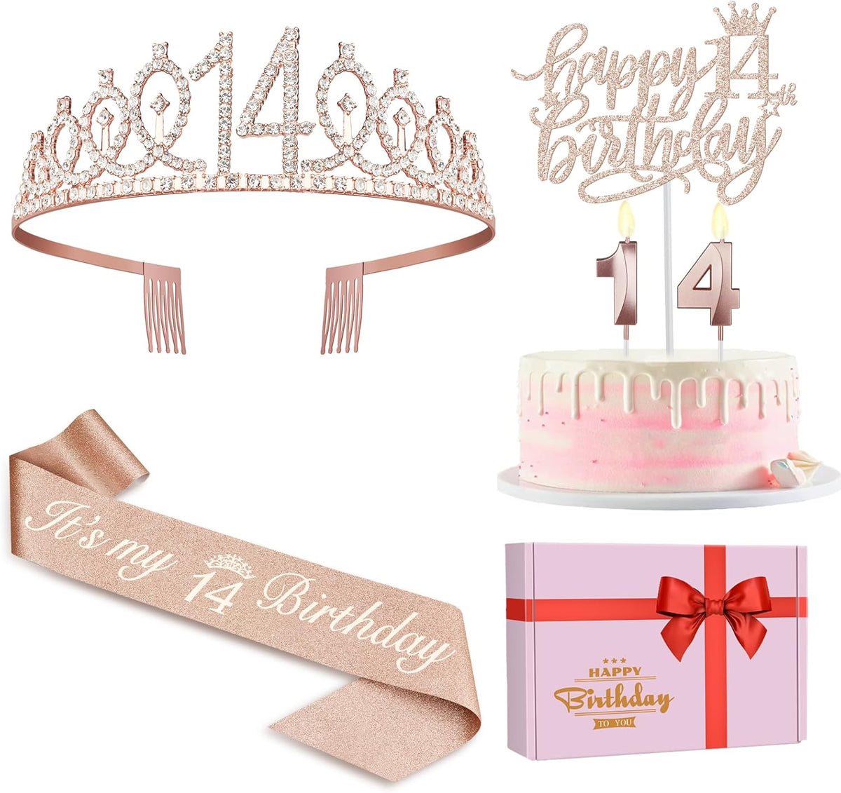14th Birthday Decorations for Girls Including Birthday Sash and Tiara, Candles and Cake Topper, 14