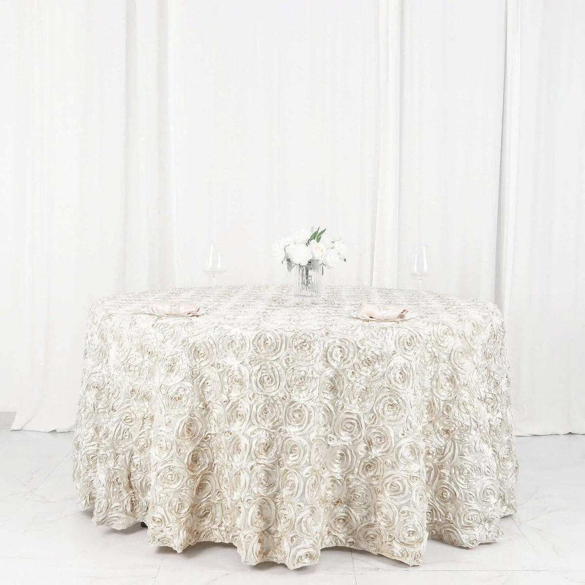 Efavormart 120" Wholesale Round Table Cover Ivory Grandiose Rosette 3D Satin Tablecloth for Wedding