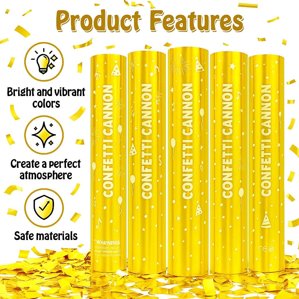 5 Pack Confetti Poppers gold– 12 Inch Confetti Blaster for Birthday, Graduation, and New Year’s Eve