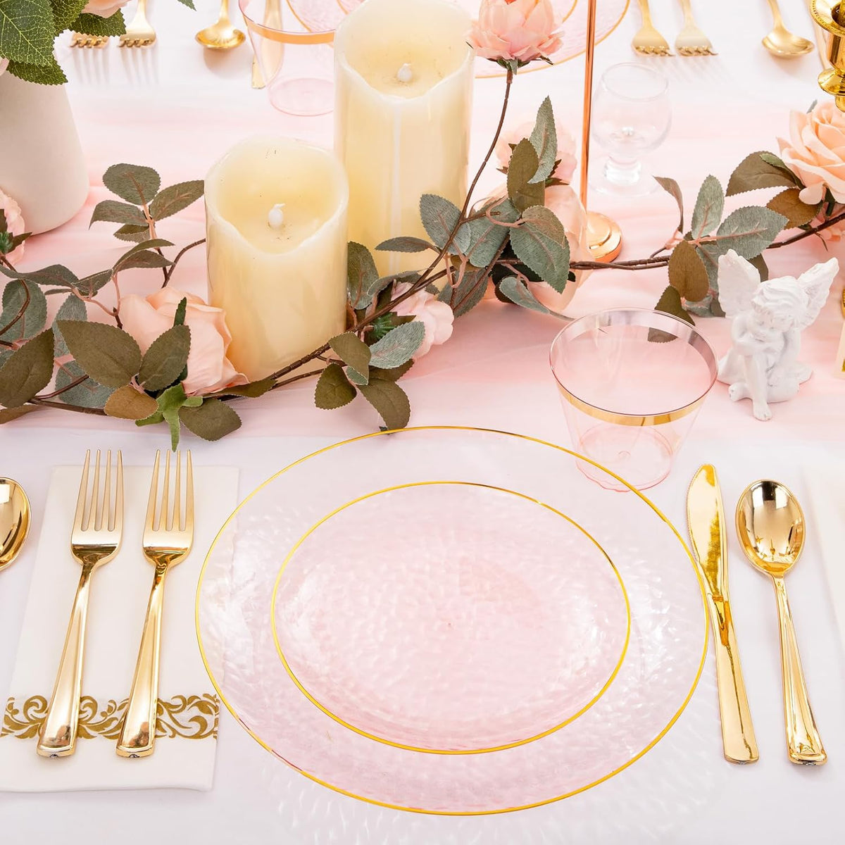 Rubtlamp 350 Pcs Clear Pink Plastic Plates, Pink Gold Plastic Dinnerware Set (50 Guests)