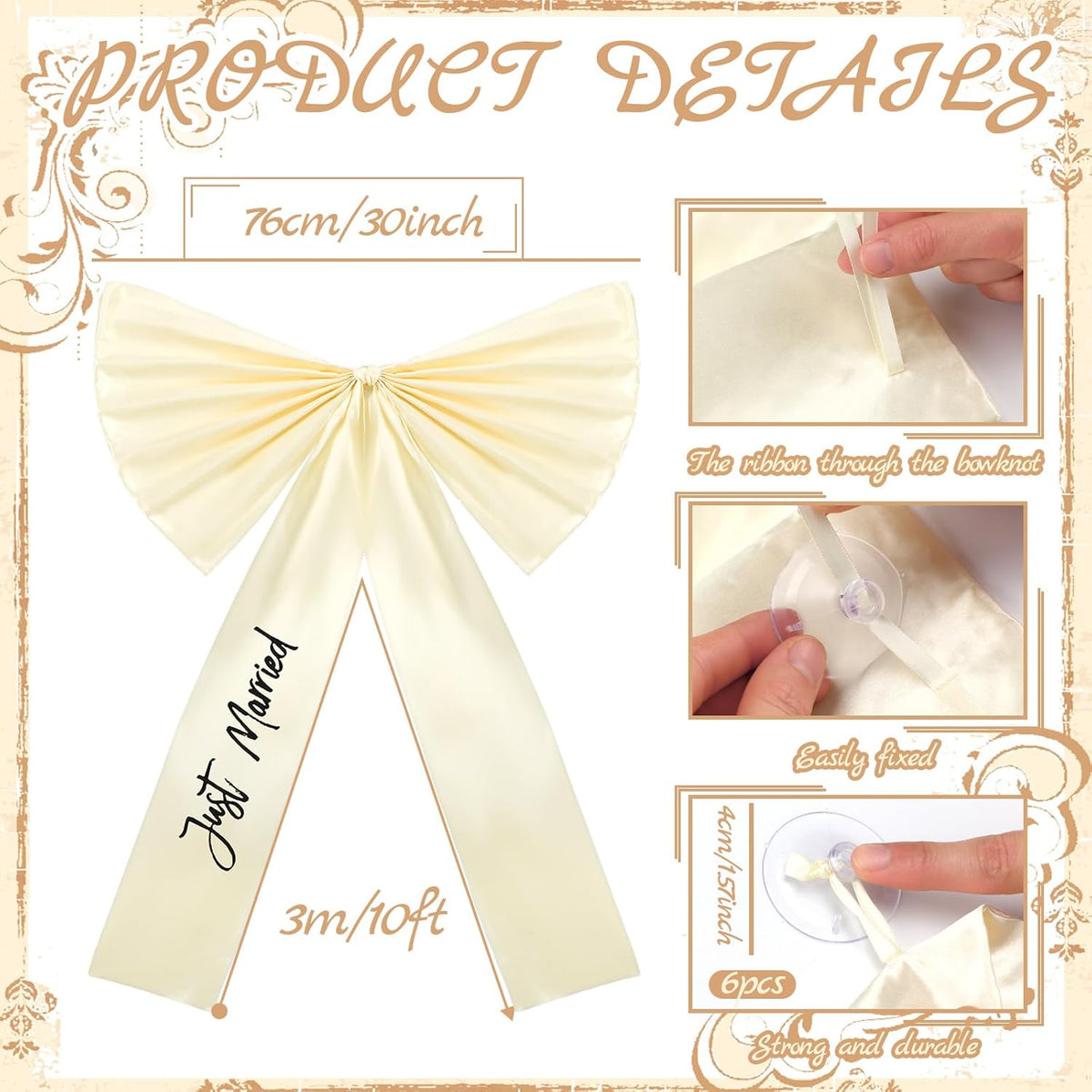 Zeyune 30 Inch Just Married Car Bow Decorations Wedding Reception & Ceremony Decor Kit Giant Ribbon