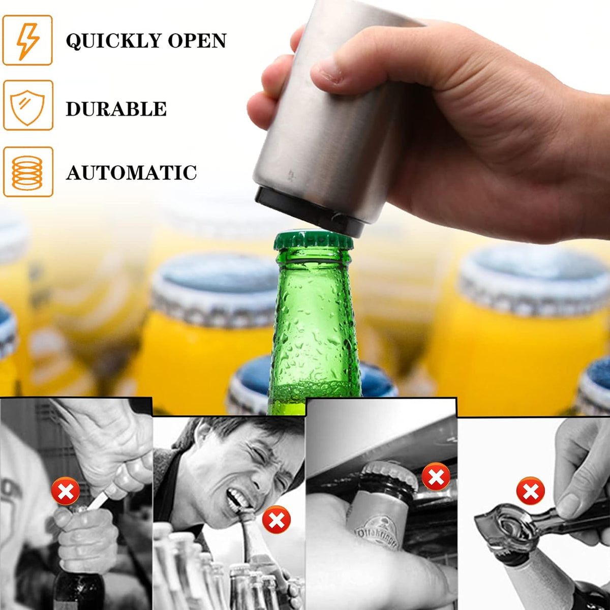 Premium Automatic Beer Bottle Opener (Stainless Steel), No Damage to Caps, Portable Push Down and