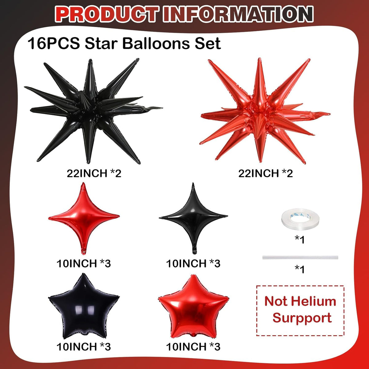 Red and Black Star Balloons, 22in Large Star Balloons Foil 10in 4-Pointed & Pentagram Balloon for