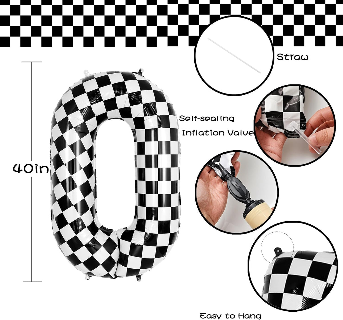 40 Inch Checkered Number Balloon - Race Flag Pattern Big Helium Balloon for Birthday Party