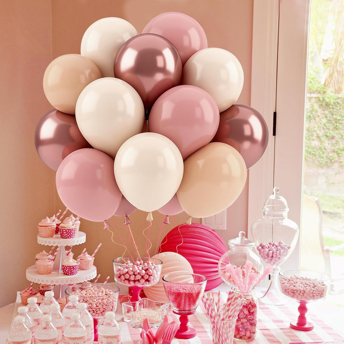 Patimate Retro Blush Pink Balloons Set, 50 pcs 12 inch Metallic Rose Gold Dusty Pink Pastel Orange