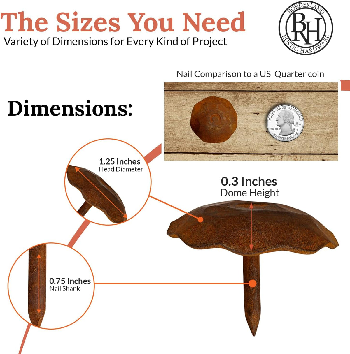 10 Pack 1.25" Round Head Iron Clavos Decorative Nails – Rusted – Handmade Rustic Round Fasteners