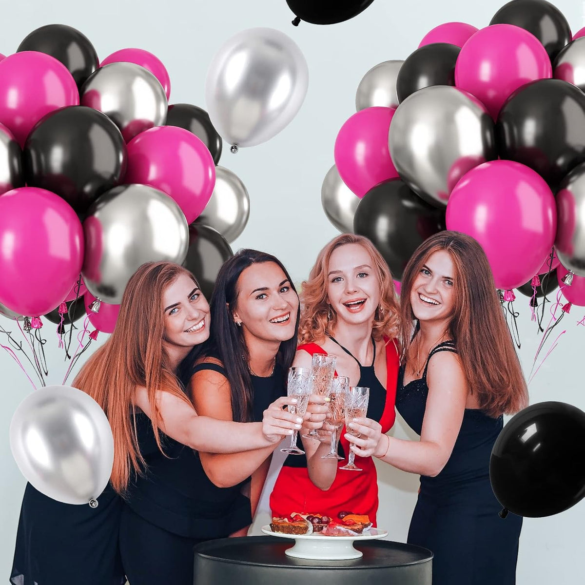 Paready Hot Pink and Black Balloons, 30 Pcs 12 Inch Black Hot Pink and Silver Latex Balloons with