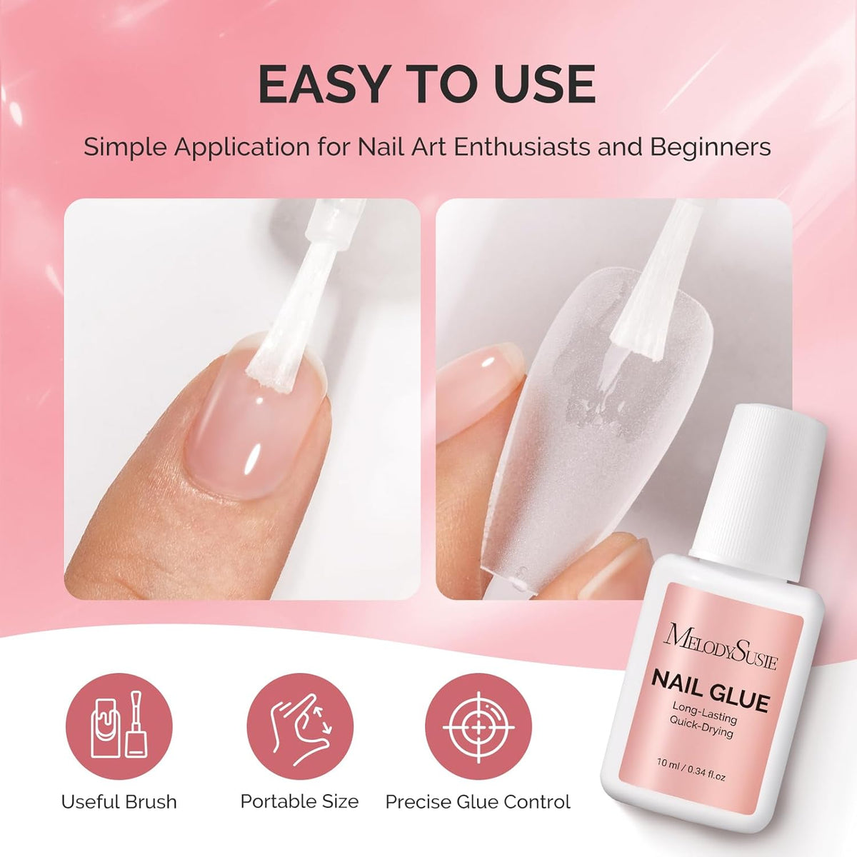 Melodysusie Brush-On Nail Glue for Acrylic Nails Press on Nails Quick-Drying Super Strong Long