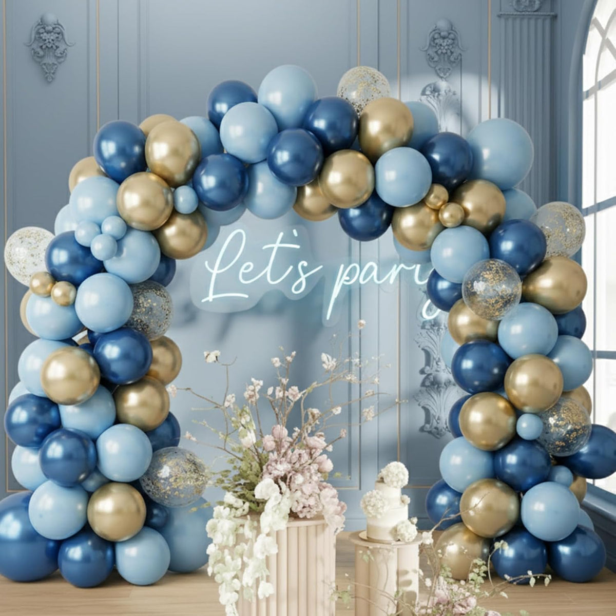 Blue and Gold Balloon, 50 Packs 12 Inch Metallic Blue Pearl Double Stuffed Blue Balloons with Gold