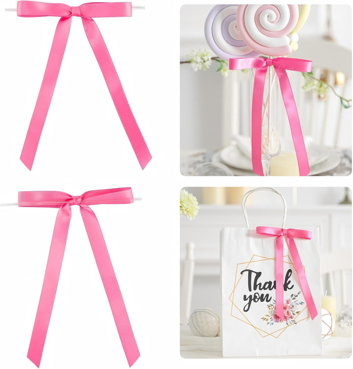 50 PCs Hot Pink Bow 5 Inch Long Tail Bows for Gift Wrapping, Easter Bow Party Decorations, Twist