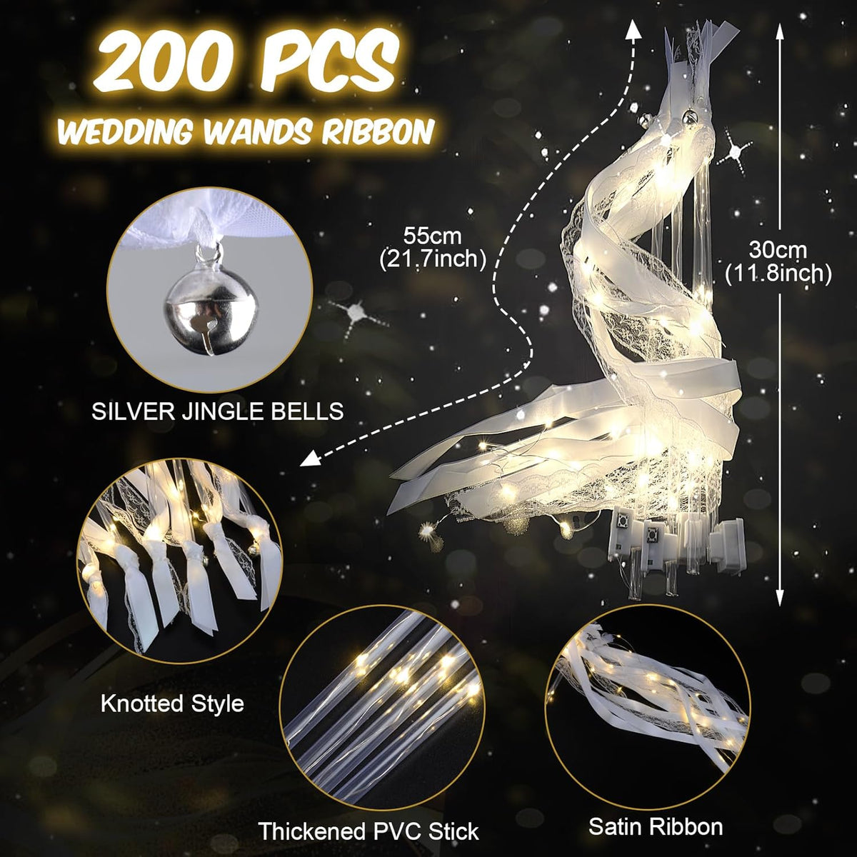 200PCS Light up Wands for wedding, Wedding Wands Streamers with 3 Colorful Flashing Modes, Fairy