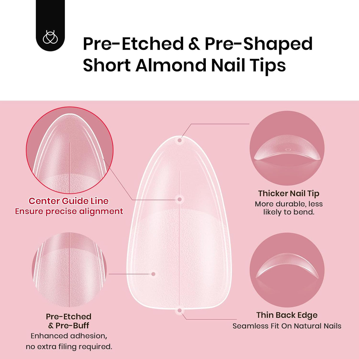 Beetles Short Almond Nail Tips - 288PCS 12 Sizes Full Matte Cover Pre-Etched & Pre-Shaped False