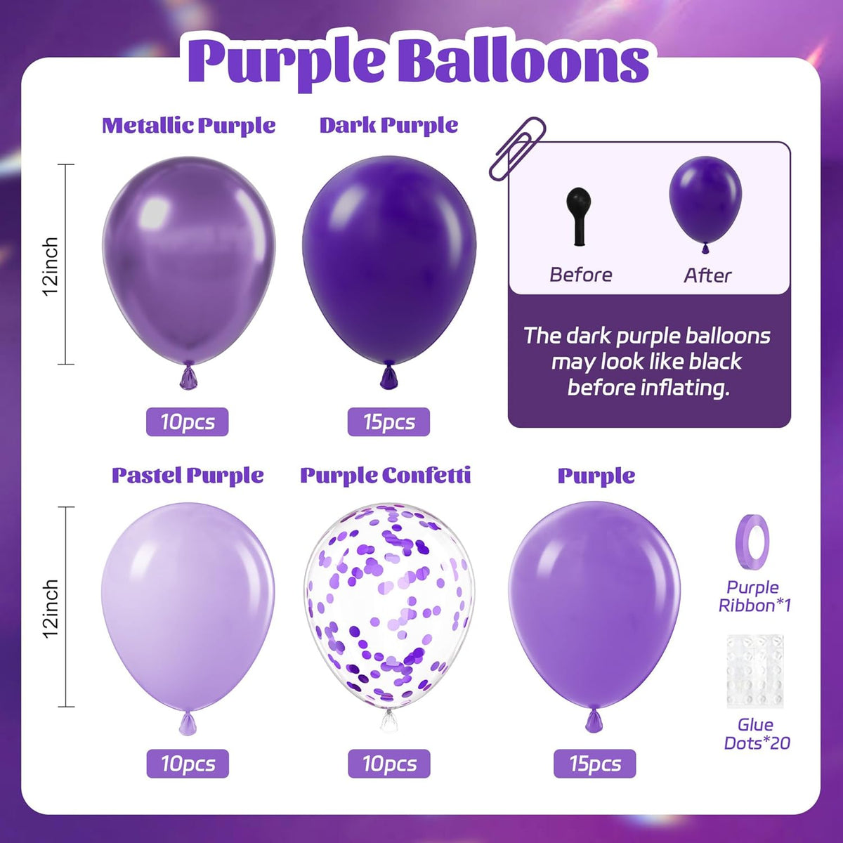 60pcs Purple Balloons 12inch with Metallic Pastel Dark Purple Confetti Balloons for Purple Birthday