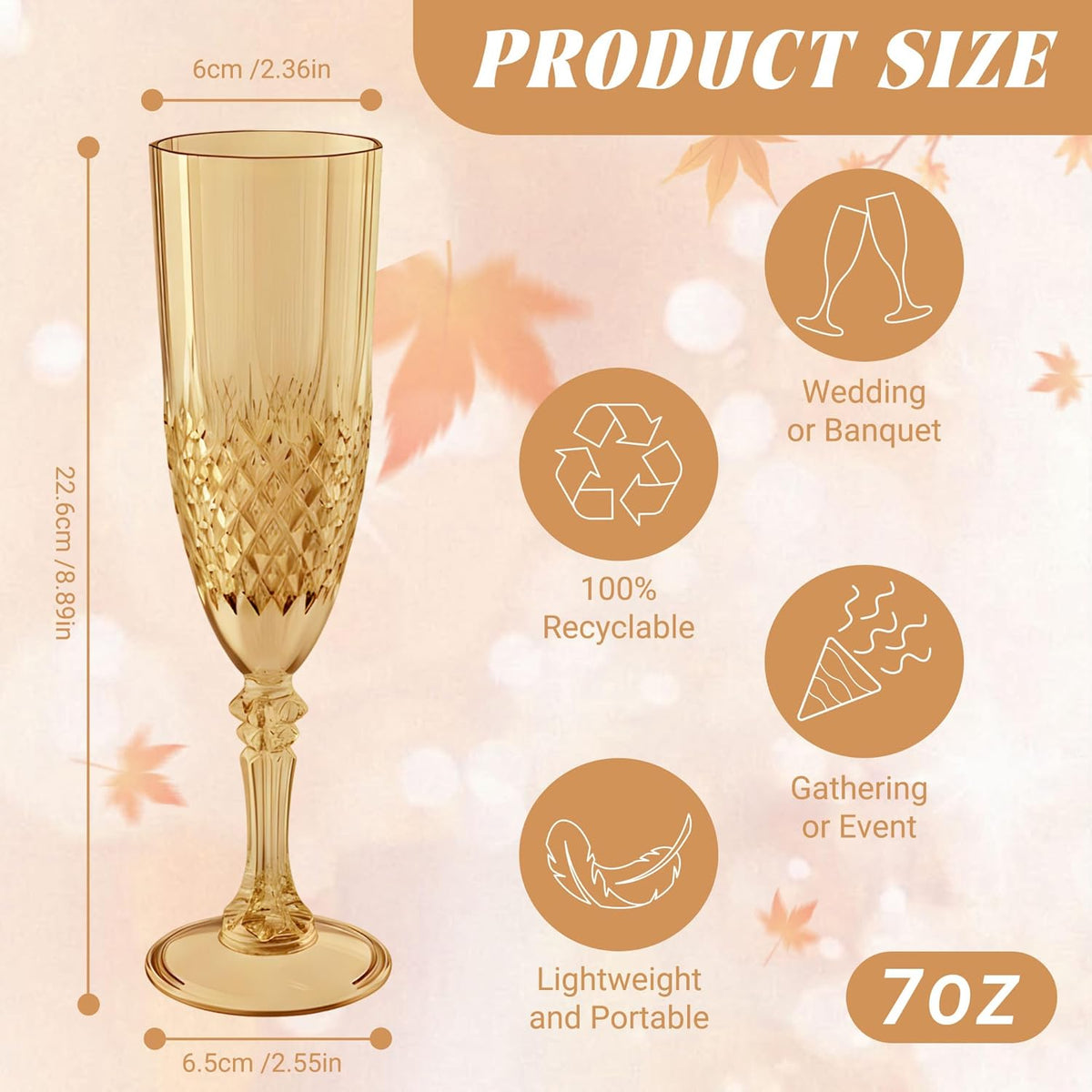 Plastic Champagne Flutes, 24PCS Gold Wine Glasses Goblets Cups Reusable Flute, for Weddings