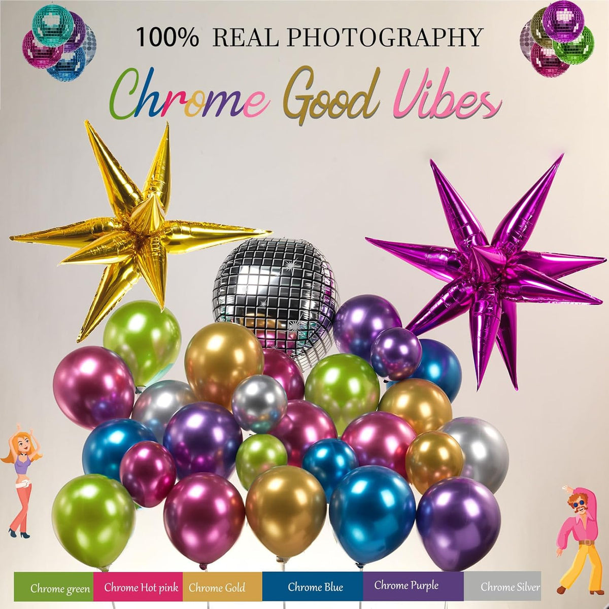 Metallic Balloon garland kit 150PCS Hot Pink Purple Green Blue Silver Gold Latex star 80s 90s Disco