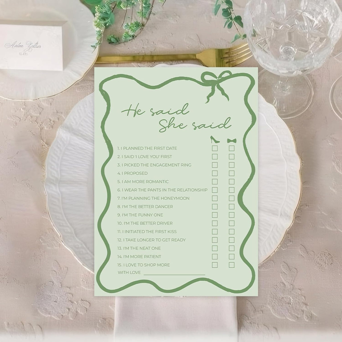 DEEKA 30 PCS Bridal Shower Games Card for 30 Guests Sage Green Wavy Border Ribbon Bow Funny Wedding