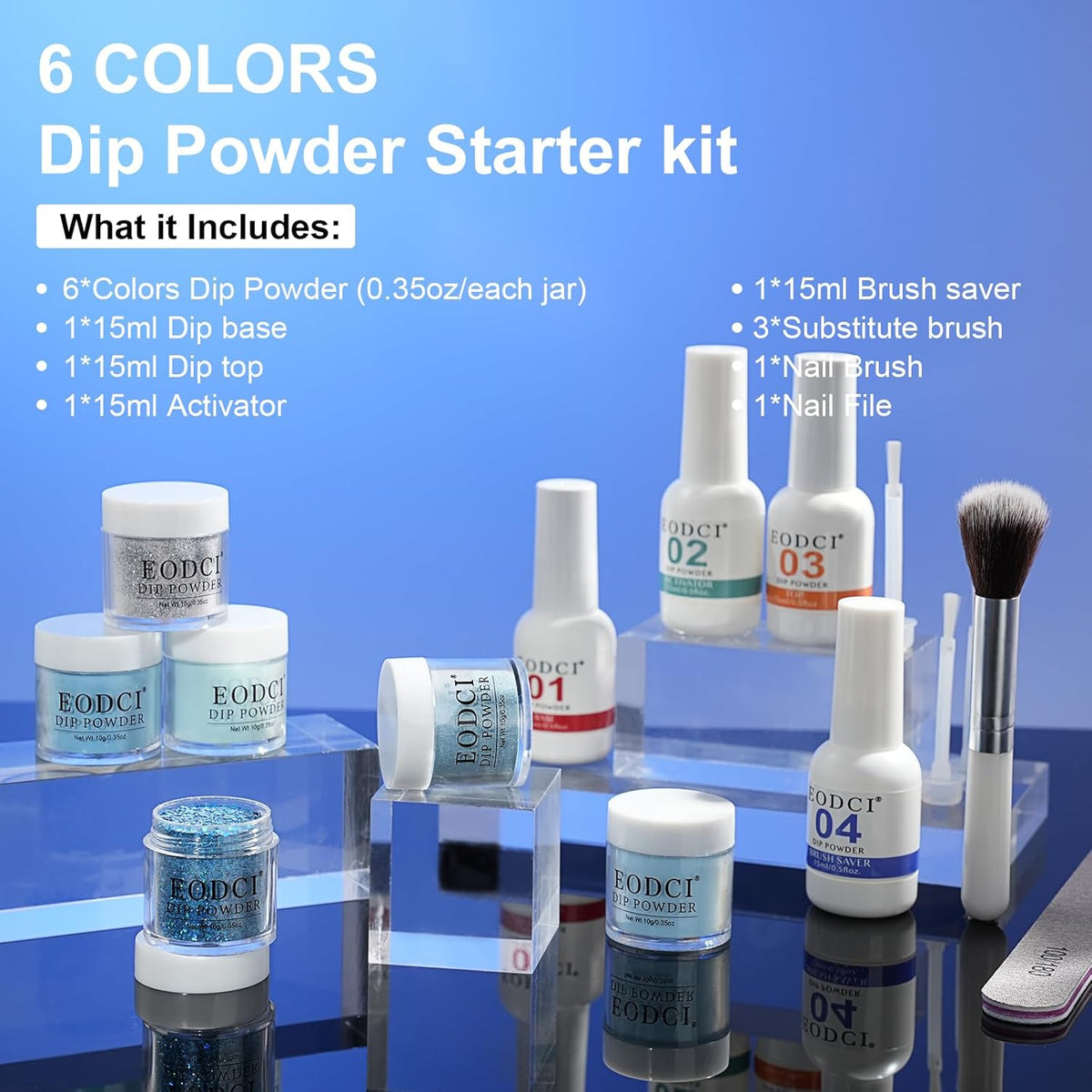 12 Pcs Dip Powder Nail Kit Starter, 6 Colors Glitter Blue Snow Dipping Powder Kit With Base & Top