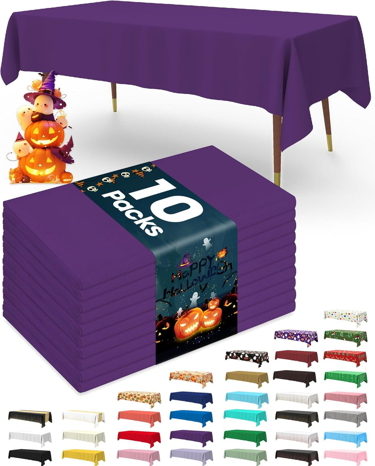 Pureegg Plastic Table Cloth Disposable 10 Pack, 54 x 108 Inch Table Cloths, Halloween Party