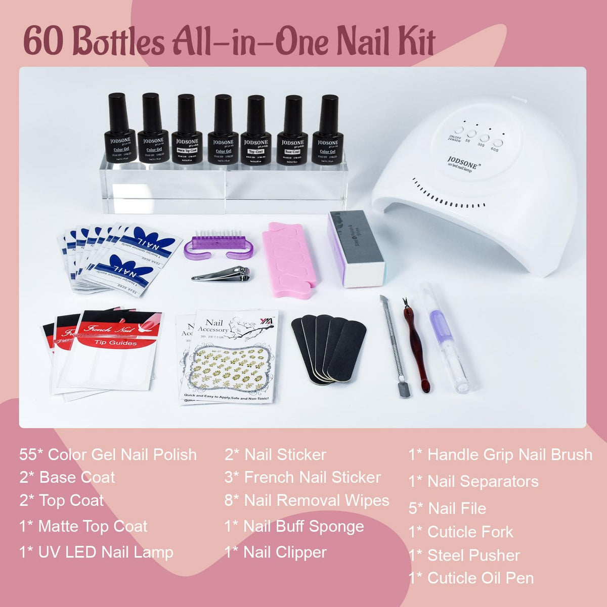 JODSONE Gel Nail Polish Kit 60 PCS with U V Light Soak off Base Top Coat 55 Shine Colors Gel Nail