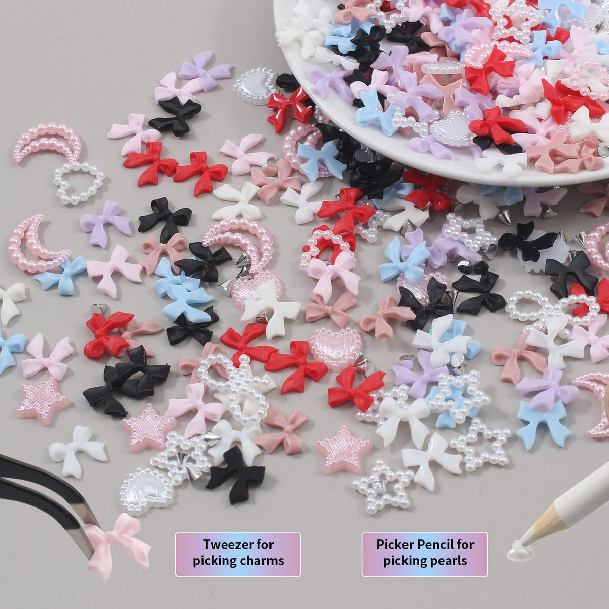 Artdone Nail Art Studs Kit, 12 grids 8 Colors 3D Charms and Pink Mix White Star Heart Moon Cute
