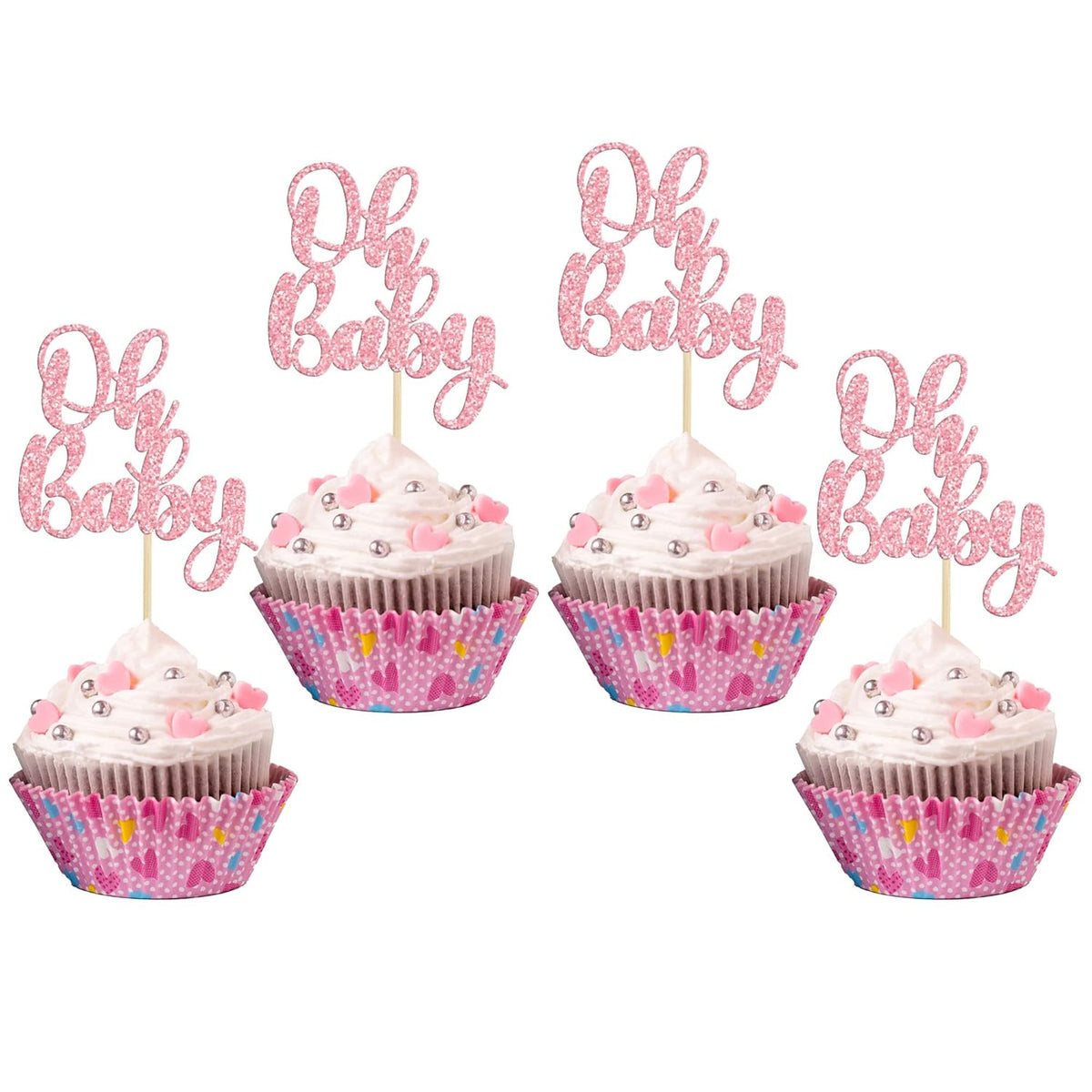 Gyufise 36 Pack Pink Glitter Oh Baby Cupcake Topper Picks for Baby Shower Party Cake Decorations