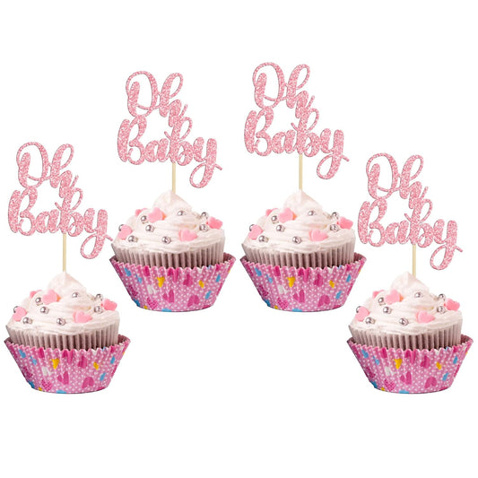 Gyufise 36 Pack Pink Glitter Oh Baby Cupcake Topper Picks for Baby Shower Party Cake Decorations