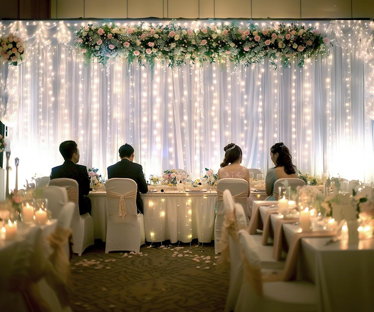 Suppromo White Tulle Backdrop Curtain with Lights String for Parites 20×8ft Sheer Curtains Wedding