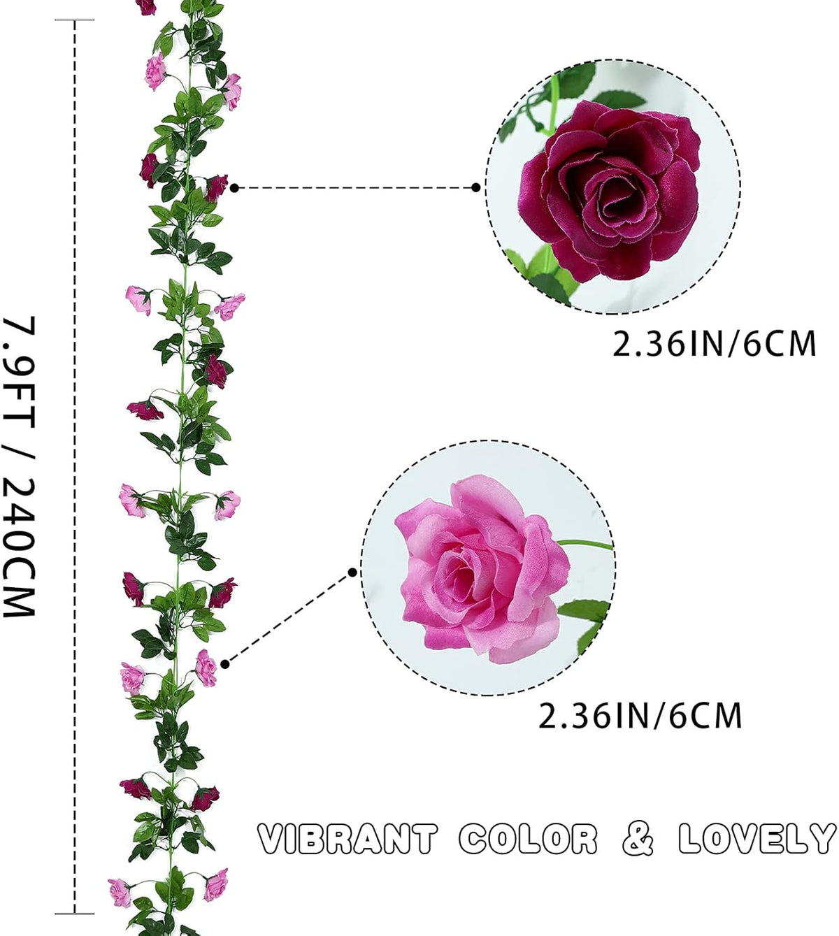 Floweroyal 2 Pack Artificial Flower Garlands 15.8FT Fake Rose Vines Silk Flowers Hanging Rose Ivy