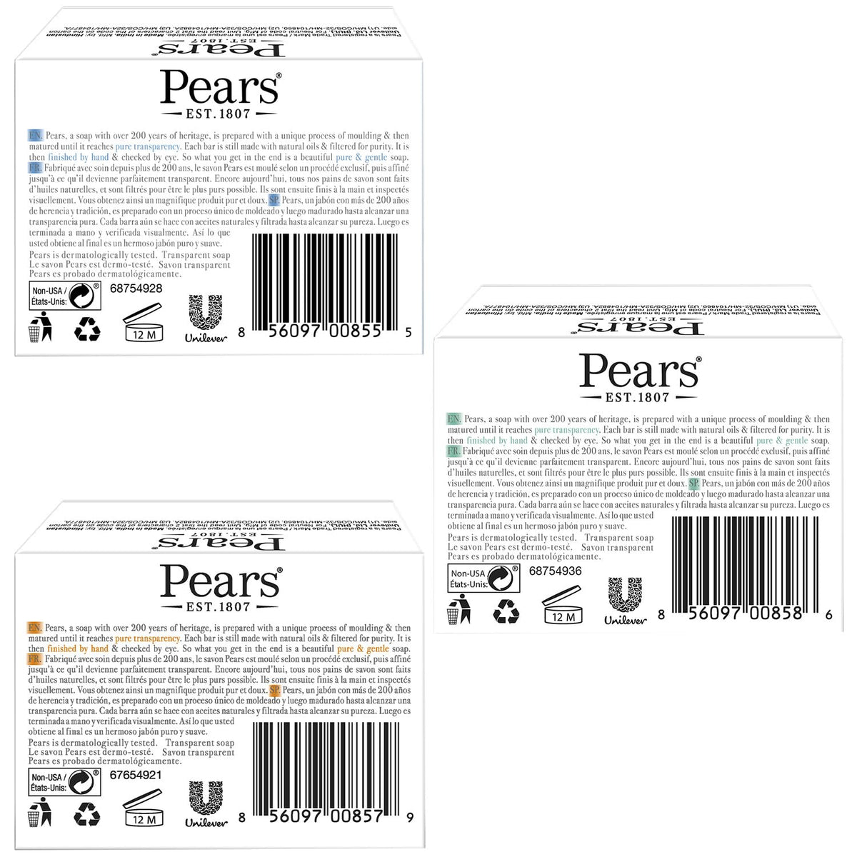 Pears Glycerin Soap Bar Variety 3-Pack, Transparent Green, Blue, and Amber Bars for Soft, Glowing
