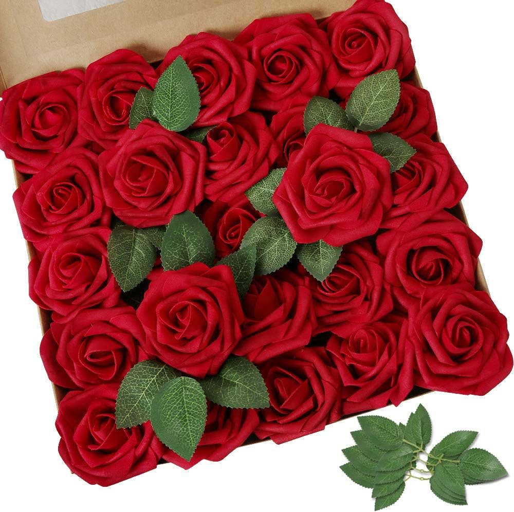 AmyHomie Artificial Flowers Dark Red Rose 50pcs Real Looking Fake Roses w/Stem for DIY Wedding