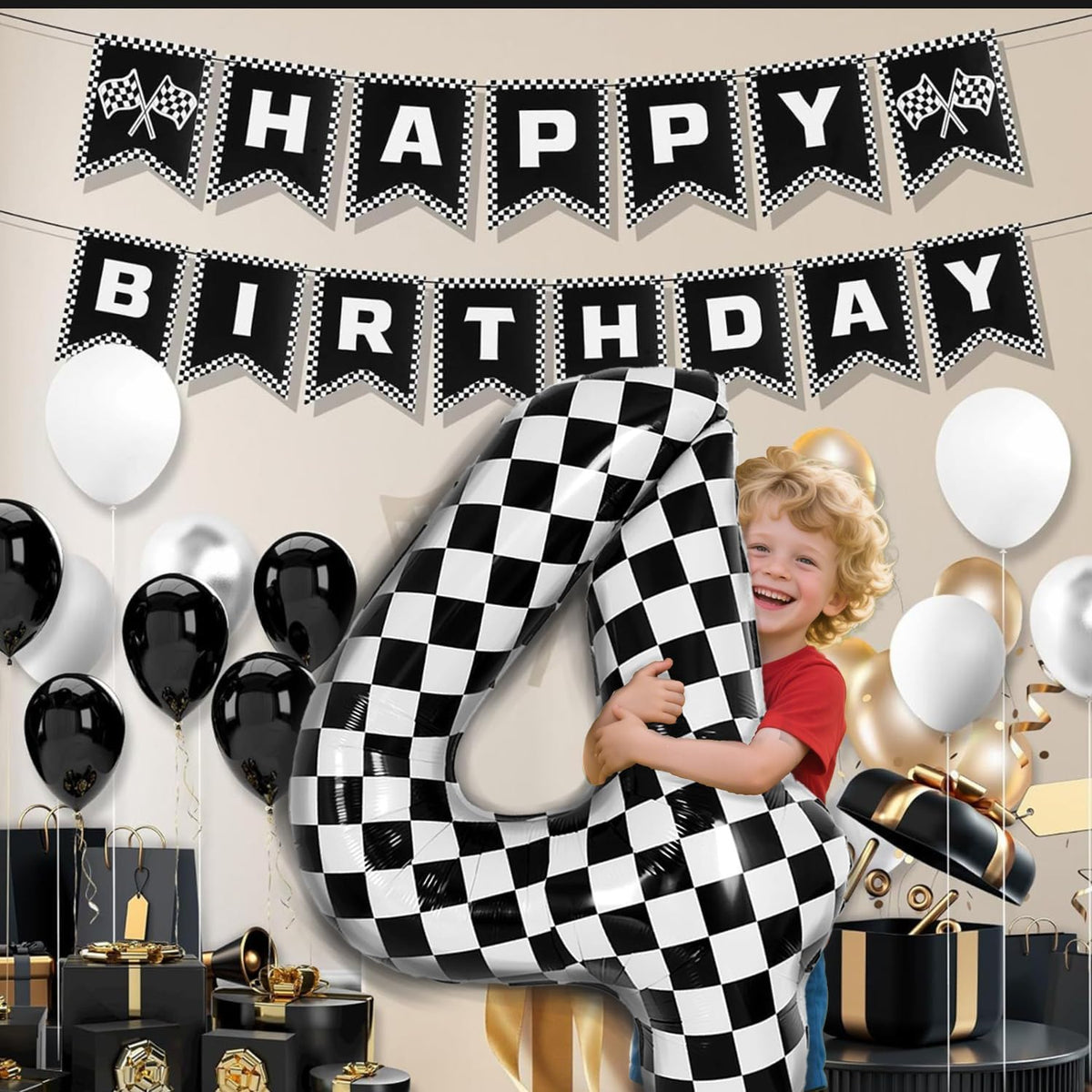 40 Inch Checkered Number Balloon - Race Flag Pattern Big Helium Balloon for Birthday Party