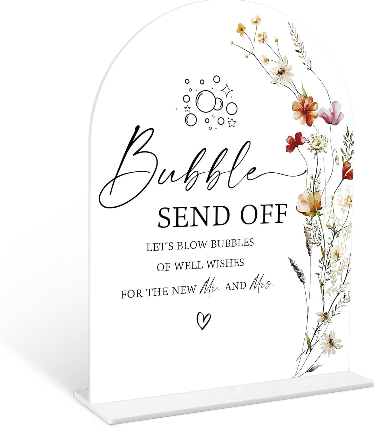 Boho Floral Bubble Send Off Sign, 6 x 8 Inch White Arch Acrylic Wedding Sign with Holder, Wedding