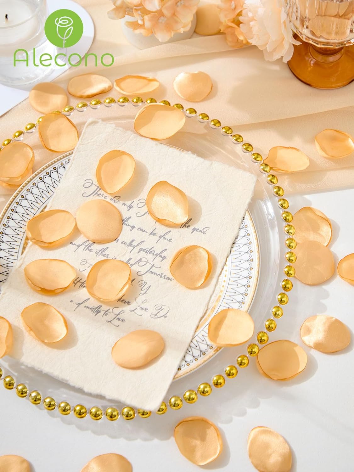 Alecono 𝟲𝟬𝟬𝙋𝙘𝙨 Silk Rose Petals, Fake Champagne Golden Petals for Wedding Proposal Flower