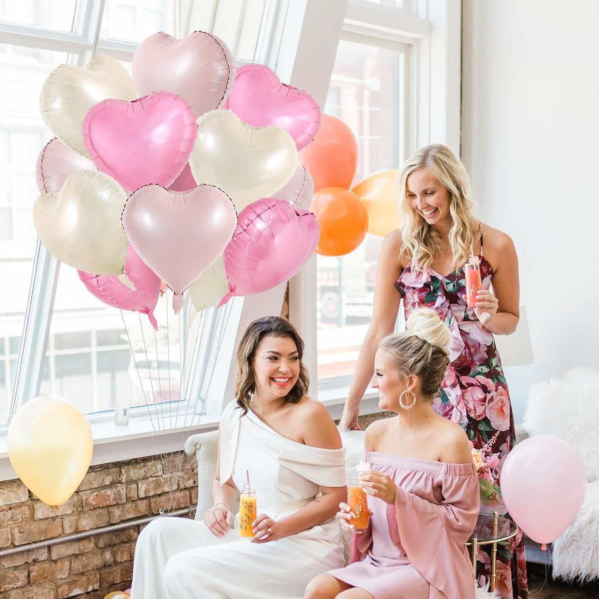 TONIFUL 15Pcs 18 Inch Heart Balloons Pastel Pink Cream White Pink Heart Shape Foil Mylar Balloons
