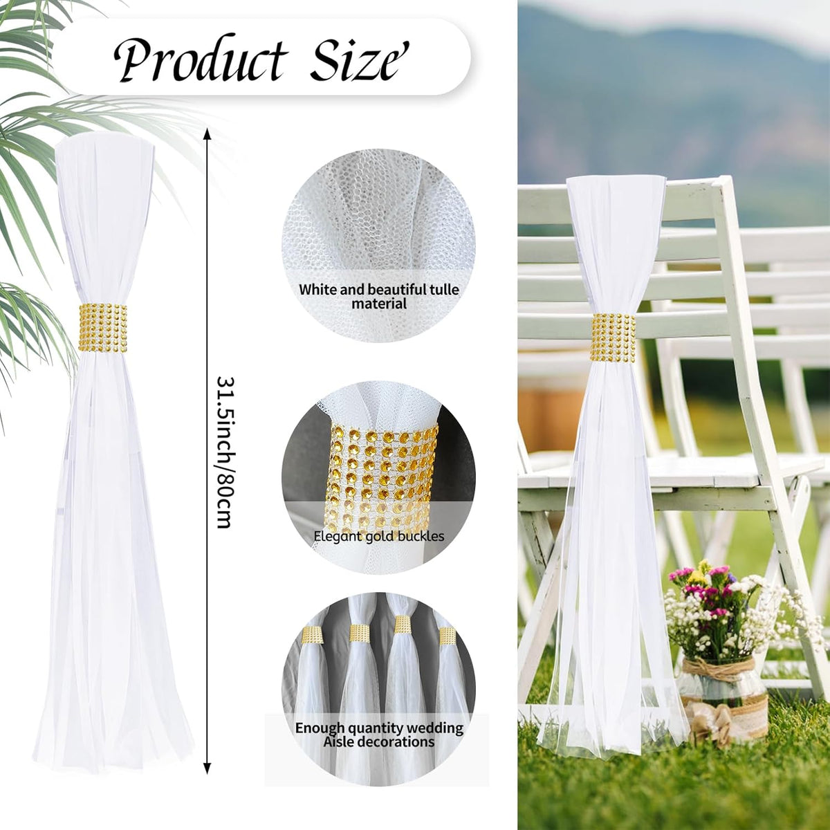 Large White Pew Bows Tulle Wedding Aisle Chair Decorations, Extended Church Pew Decor Aisle Flowers