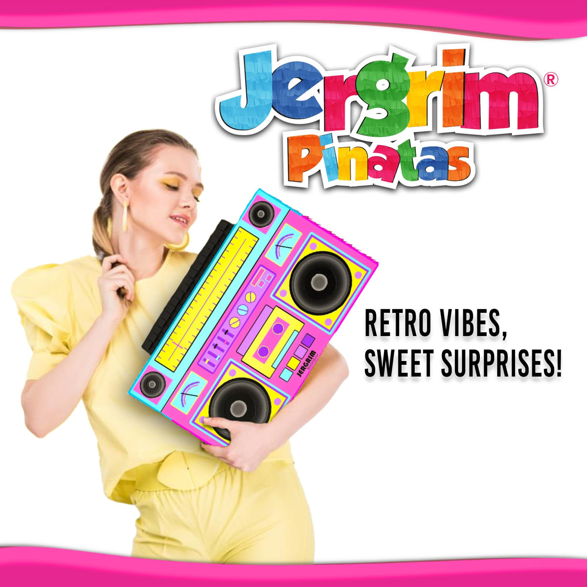 Jergrim Boombox Piñata 4-Piece Set perfect for Retro Birthday Party, Decorations, 80s Parties, Hip