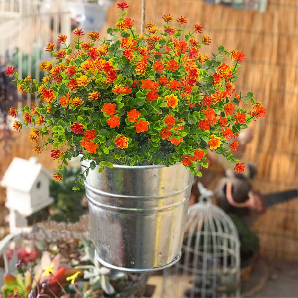 10 Bundles Artificial Fake Flowers, Faux Outdoor Plastic Plants UV Resistant Shrubs Outside Indoor