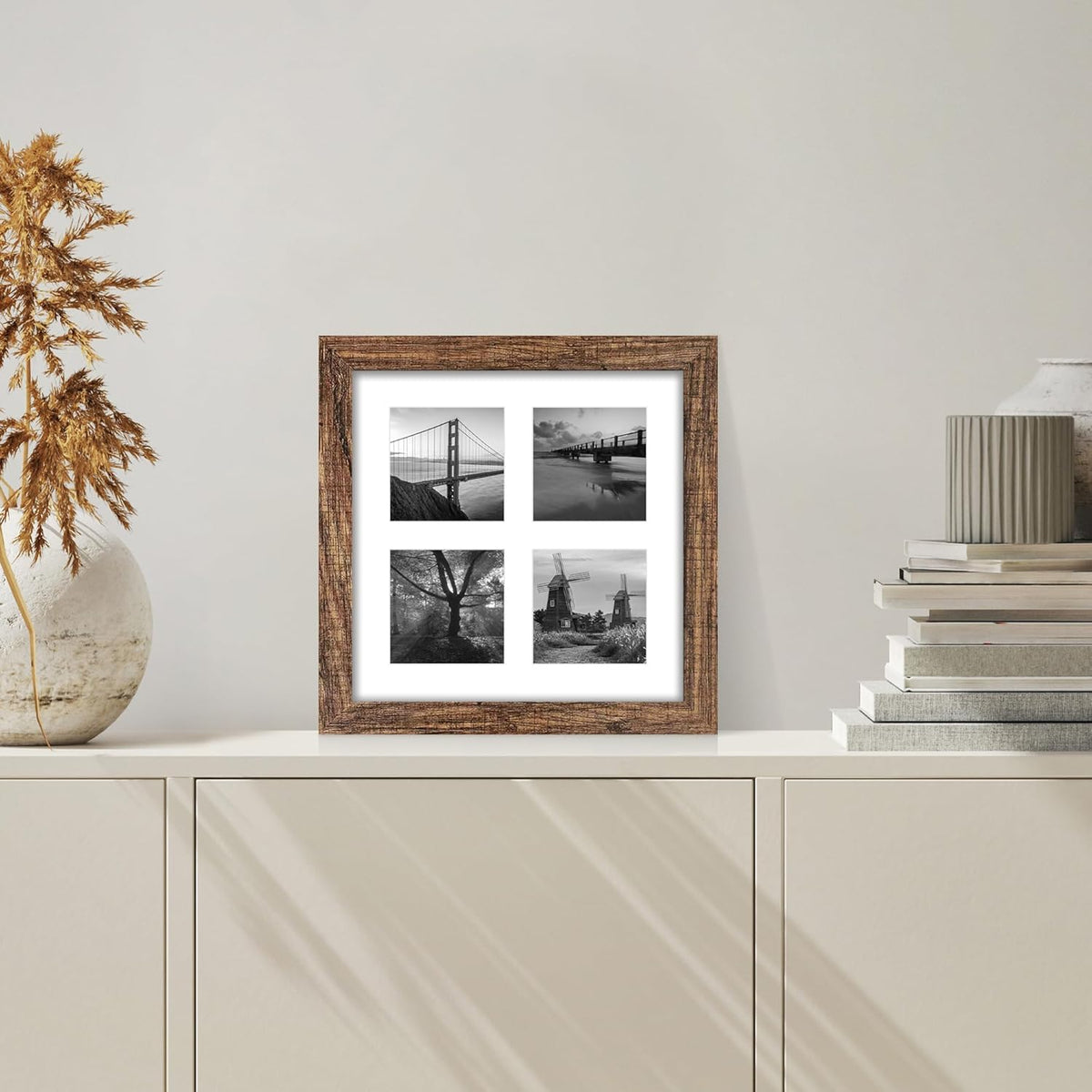 10x10 Picture Frame Set of 2, Real Glass and Rustic Brown Collage Frame, Display Pictures Four