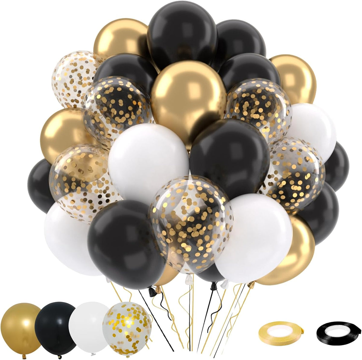 Patimate Black Gold Confetti Balloons Set, 50 pcs 12 inch Metallic Gold Black White Confetti Latex