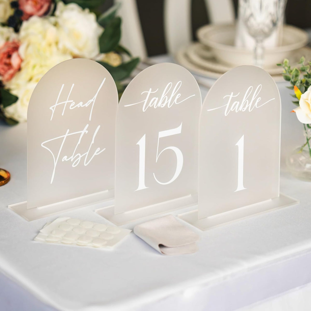 Frosted Arch Acrylic Table Numbers for Wedding Reception - 5" x 7" White Font Centerpiece Set with